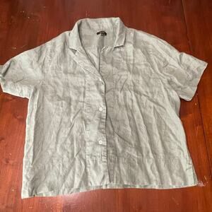 Olive Green Quince Linen Shirt Button Down Top L Crop Lagenlook